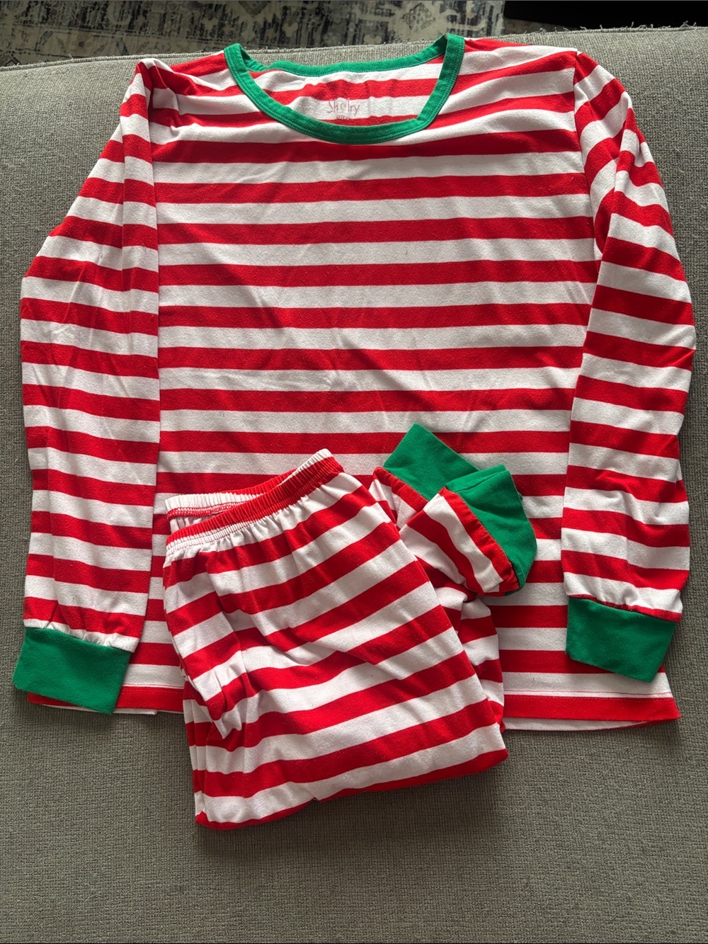 Unisex Red & White Striped Christmas Pajama Set with Green Trim